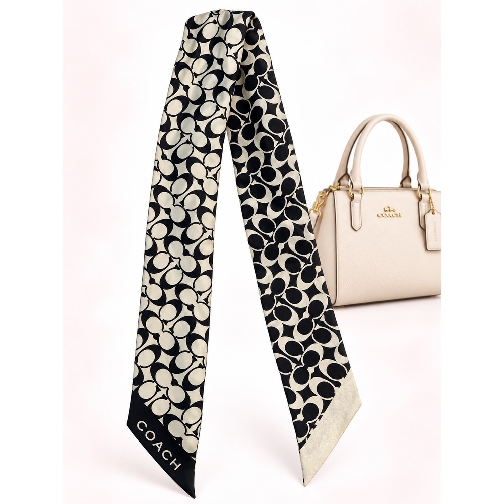 Coach Signature C Monogram Skinny Scarf Black Cream Silk Bag Tie Accessory
